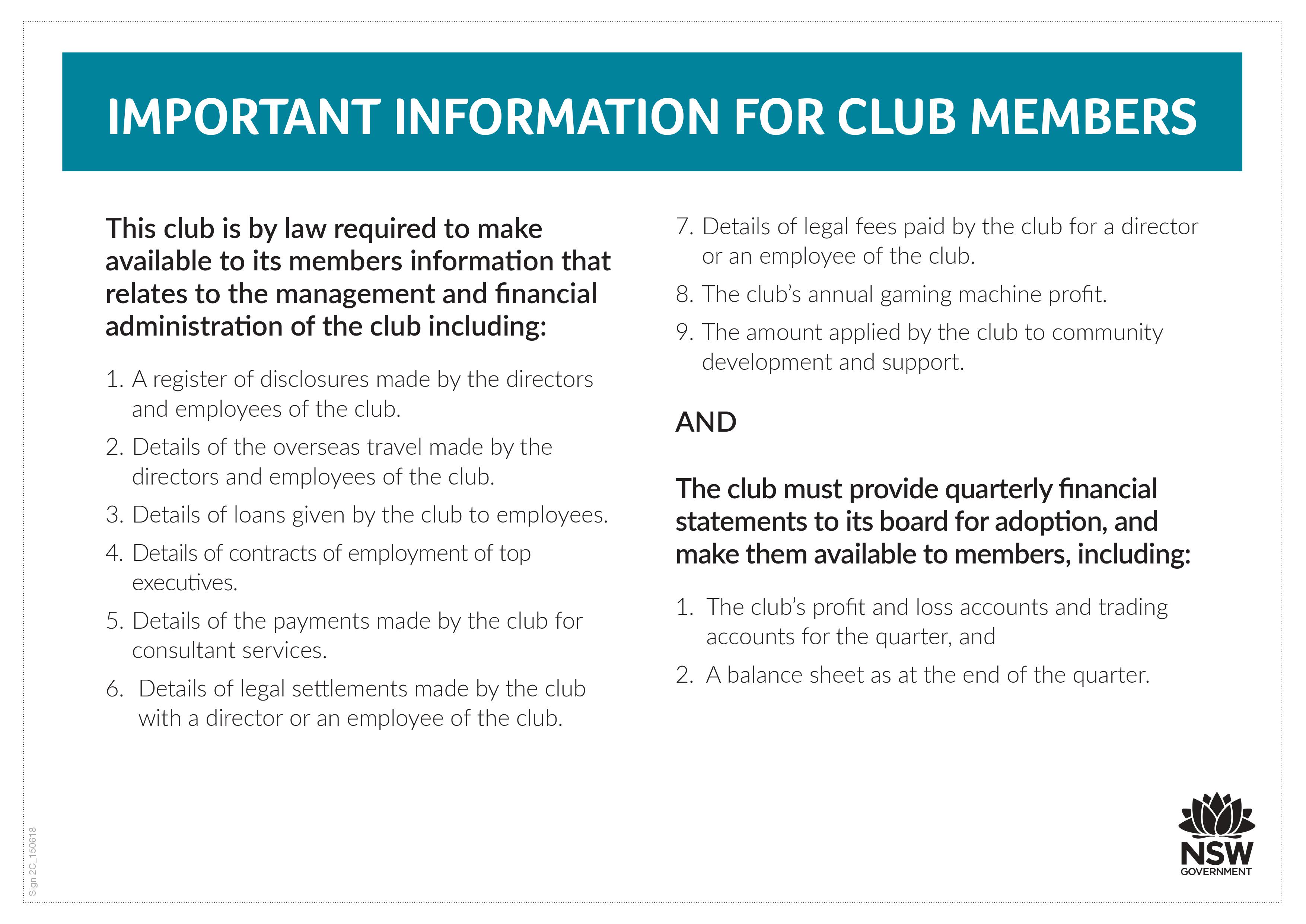 Important Information for Club Members