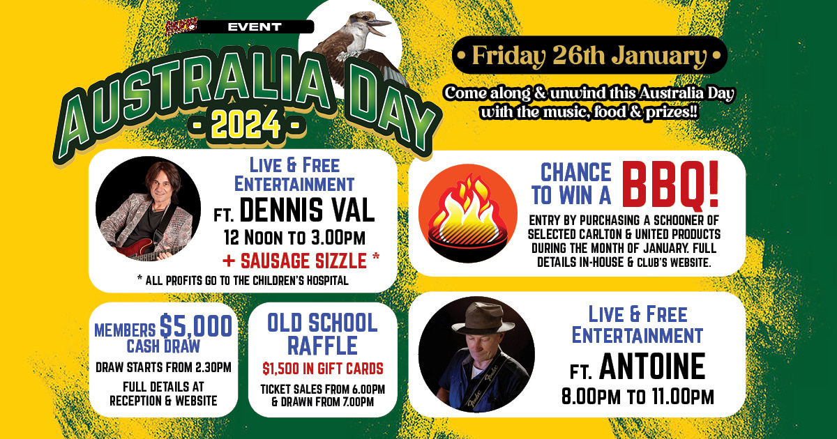 Australia Day at Guildford Leagues Club. Friday 26th January 2024Come along and unwind this Australia Day with the music, food & prizes!!