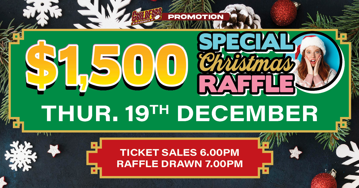 $1,500 Special Christmas Raffle at Guildford Leagues Club. Thursday 19 December 2024. Tickets on sale from 6.00pm. Raffle Drawn from 7.00pm.