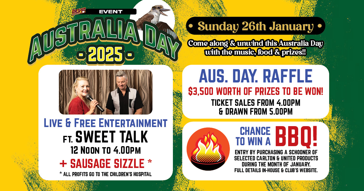 Australia Day 2025 at Guildford Leagues. Sunday 26th January 2025. Come along and unwind this Australia Day with the music, food & prizes!!