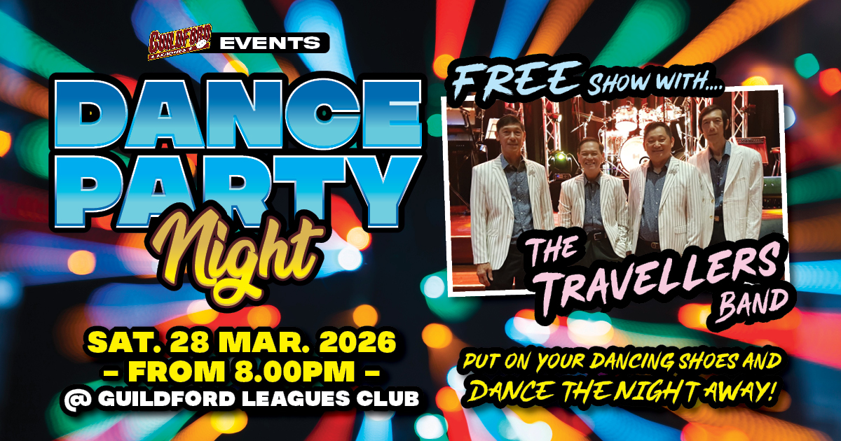 Dance Party Night ft. The Travellers Band at Guildford Leagues Club. Free Show Event 18+! Saturday 28th March 2026 from 8.00pm