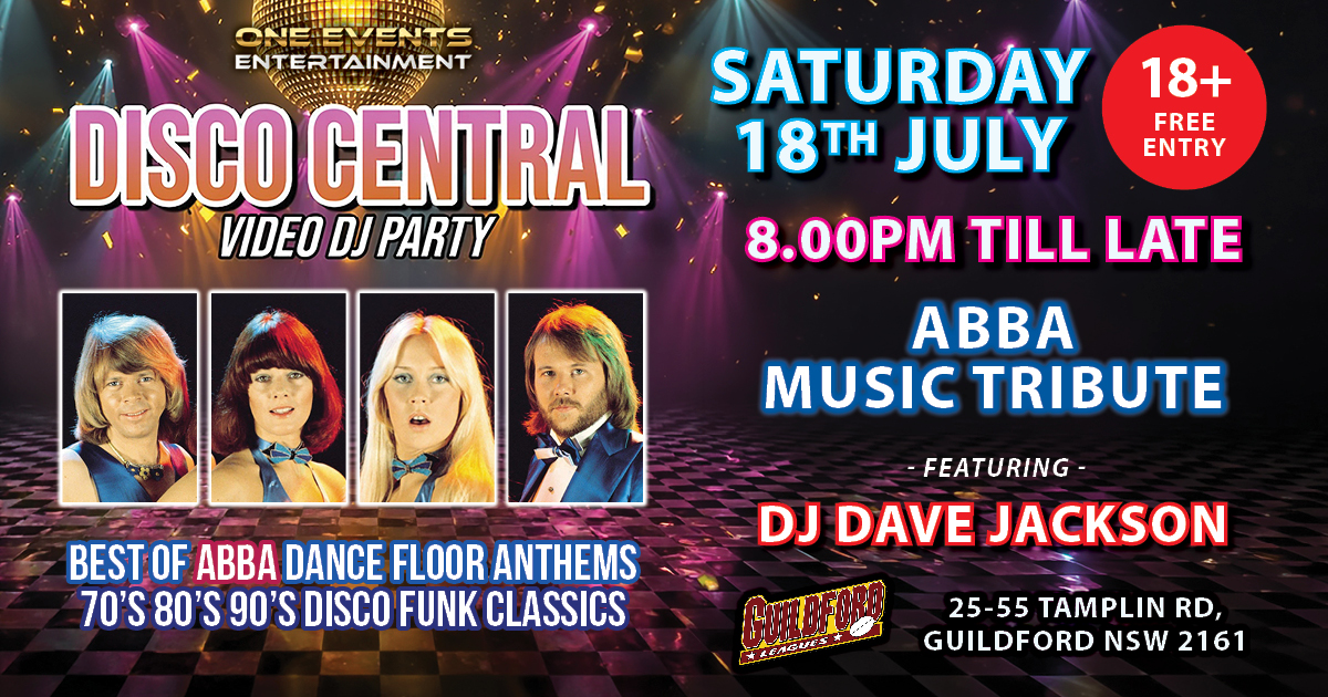 Disco Central ABBA Music Tribute at Guildford Leagues on Saturday 18 July 2026 for a big night of disco, funk and dance classics.